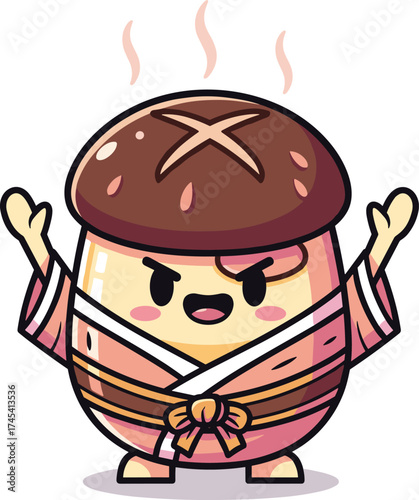Cute Chawanmushi character in martial arts uniform with mushroom hat