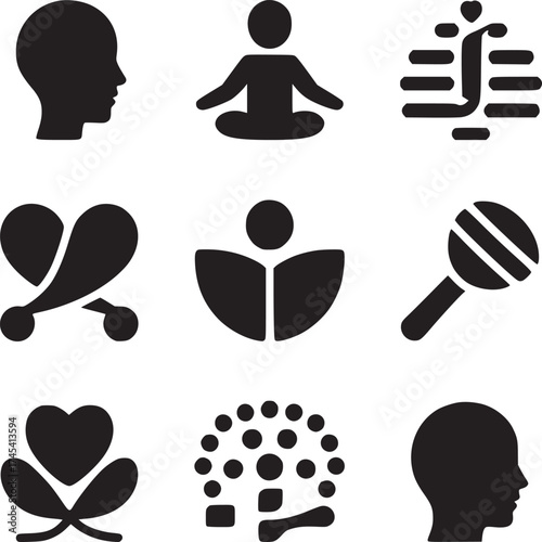 A collection of nine black silhouette icons arranged in a three by three grid on white background