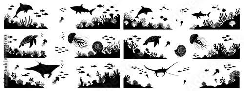 Vector art of collection of various sea life silhouettes for design and decoration purposes