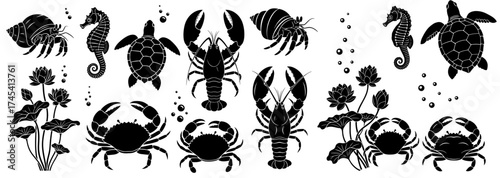 Vector art of marine life silhouette collection featuring sea turtle, crab, lobster, seahorse, hermit crab and lotus