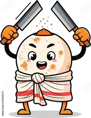 Cartoon Kottu Roti Character with Knives and Sarong