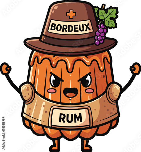 Cartoon Canelé Character with Bordeaux Hat and Rum Label