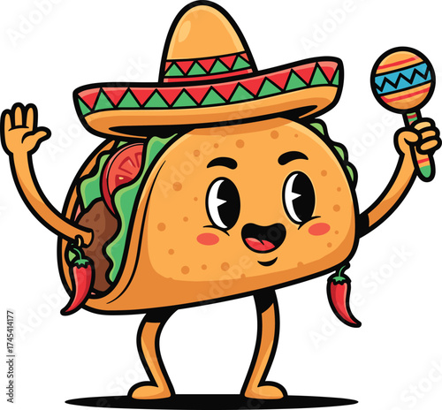 Dancing Cartoon Taco Character with Sombrero and Maraca