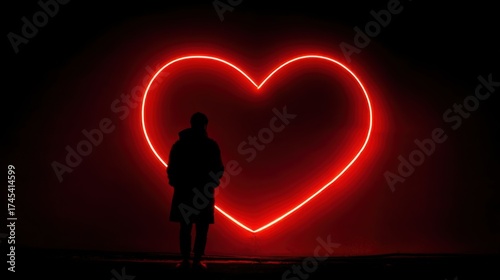 A person stands silhouetted against a bright red neon heart-shaped light,