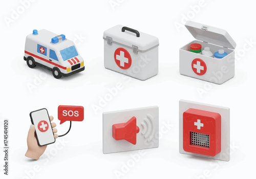 Set of medical emergency icons including ambulance, first aid kits, SOS call, alarm, and emergency button