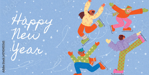 Happy New Year skating scene with diverse friends having fun on ice rink, wearing colorful winter clothes, mittens and hats, falling snow. Vector illustration for festive card, banner, poster