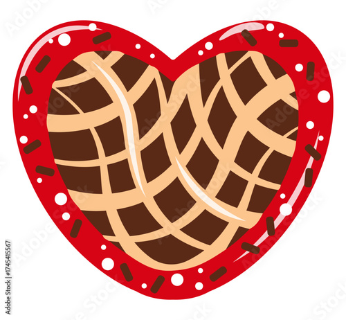 Homemade sweet heart-shaped pie with berry jam and sprinkles. Vector isolated illustration of a delicious pastry in warm brown, red, beige colors. A festive family traditional dessert for coffee, tea.
