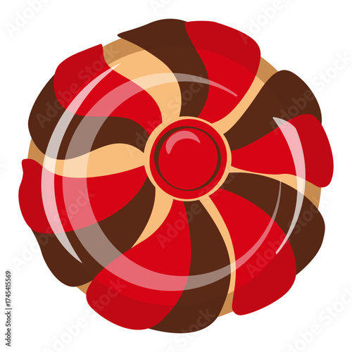 Round lollipop with berry and chocolate flavors. Vector illustration with red and brown swirls. Isolated candy for a holiday, treat, or gift. Colored realistic drawing. Sweet pastry wheel