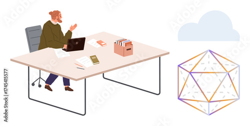 Man at desk with laptop, books, files, smartphone, geometric wireframe and cloud. Ideal for creativity, technology, remote work innovation imagination workspace abstract thinking. Simple flat