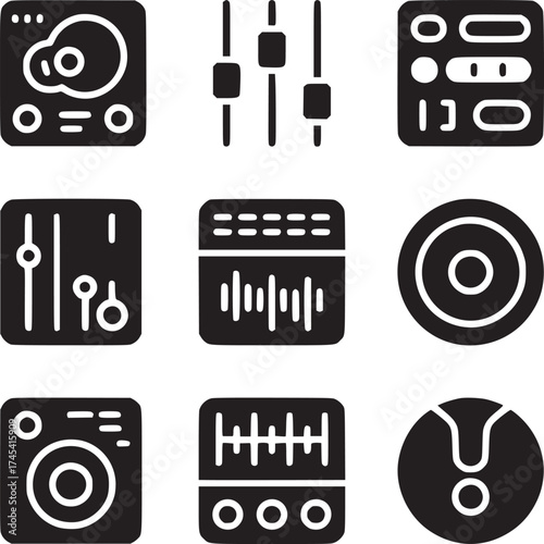 A collection of nine black and white icons related to music production and audio engineering tools