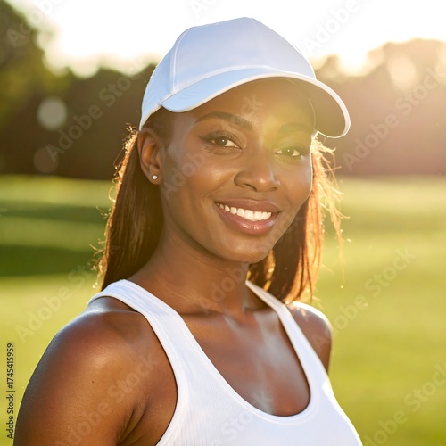 Smiling woman in a white cap and tank top