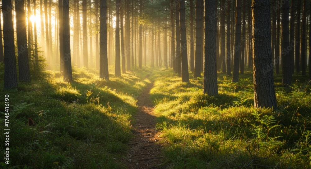 Naklejka premium Sunlit Forest Path with Tall Trees and Golden Rays in Warm Light