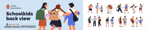 Back to school set. Rear view of kids students holding hands, walking together. Children groups, classmates, friends with backpacks from behind. Flat vector illustration isolated on white background.
