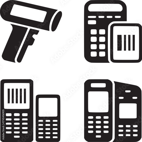 A collection of black and white icons featuring a barcode scanner and various pos terminal devices