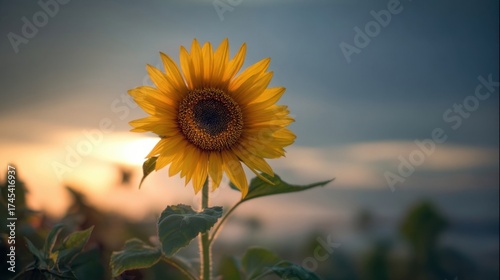A solitary sunflower stands tall with vibrant yellow petals and a dark center,