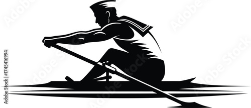 Single Scull Rowing Silhouette Vector – Rower with Oar on Calm Water, Regatta Sport Illustration