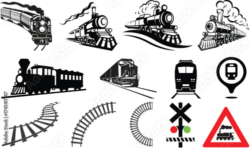 wagon and locomotive icon set.locomotive and wagon line icon collection. train, repair train and railway freight cars.container train icon sign vector. Black wagon and locomotive.