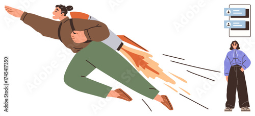 Individual flying with rocket backpack, flames trailing, representing progress and ambition, as another stands with message notifications. Ideal for innovation, growth, motivation, teamwork