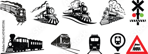 wagon and locomotive icon set.locomotive and wagon line icon collection. train, repair train and railway freight cars.container train icon sign vector. Black wagon and locomotive.