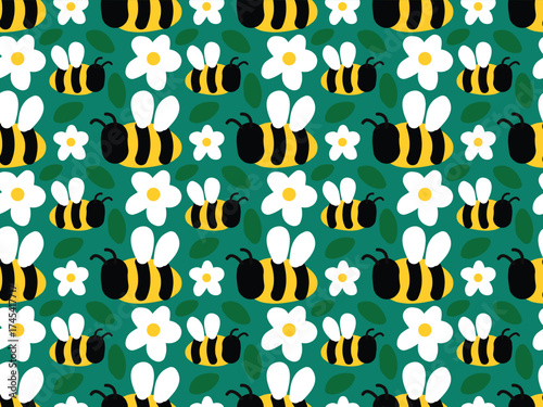 Cute, nice, funny cartoon honey bee, chamomile flower. Summer field. Nature. Seamless vector pattern for design and decoration. 