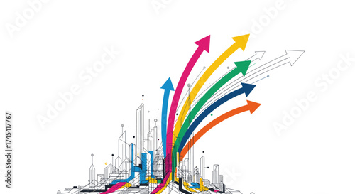 Abstract visualization of colorful arrows ascending from a stylized cityscape representing growth and progress.