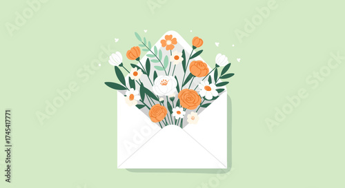 A beautiful bouquet of flowers spills out of a white envelope against a light green background with a scattering of small white dots and green leaves.