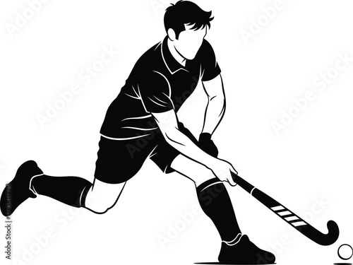 Field Hockey Player Silhouette Vector – Athlete Dribbling with Stick and Ball, Sports Action Illustration