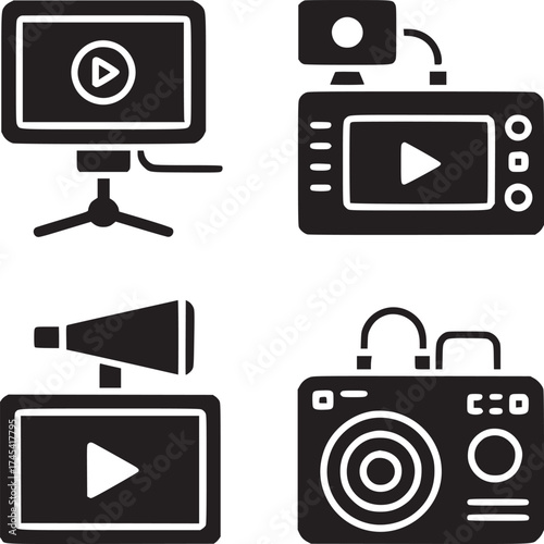 A collection of four different types of video recording devices in a solid black and white style
