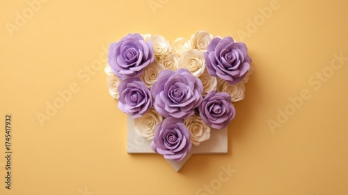 A heart-shaped arrangement of purple and white roses set against a vibrant orange background,