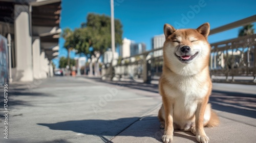 A cream-colored Shiba Inu dog sits happily on a city sidewalk, eyes closed in contentment,