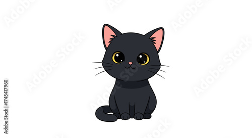 A cute cartoon black cat with big yellow eyes sits attentively on a white background looking directly forward.