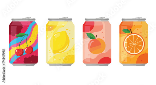 Assortment of four colorful soda cans showcasing fruit flavors like cherry lemon peach and orange.