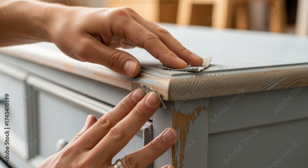 Obraz premium Hands carefully distressing milkpainted dresser edges revealing aged wood and creating timeless rustic effect in sustainable furniture design.