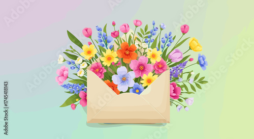 A delightful bouquet of fresh flowers spills out of an open envelope.