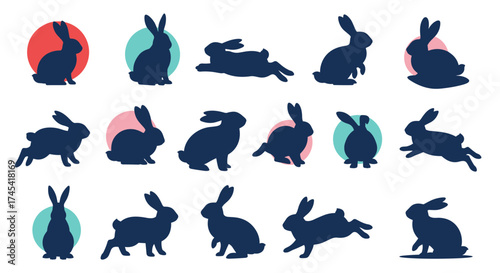 A collection of dynamic rabbit silhouettes showcasing various poses and actions in silhouette style with colorful circular backgrounds.