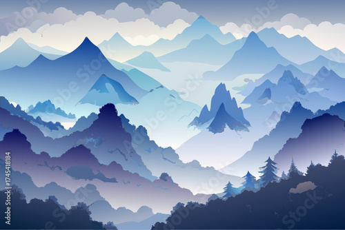 Serene atmospheric watercolor painting of misty mountains and foggy landscapes vector illustration vector