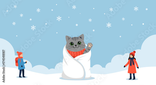 Cute cat wrapped in a blanket enjoying the winter snowfall with two children watching.