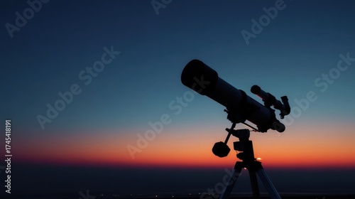 A telescope silhouetted against a vibrant twilight sky with deep blue transitioning to warm oranges and reds,