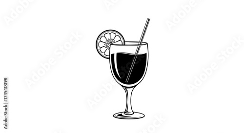 A refreshing dark colored drink in a glass garnished with a slice of orange and a straw.
