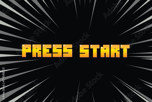 PRESS START. pixel art. 8 bit game. retro game. for game assets on speed line background.