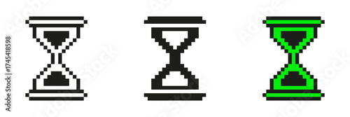 Pixel Art Hourglass Icon Set. Time Management And Countdown Symbol Collection. Retro Style Sand Timer Illustrations. Isolated Vector Illustration