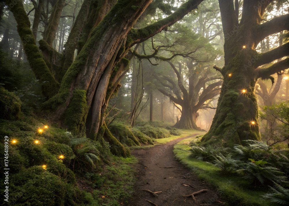 Fototapeta premium Photo of enchanted forest path with ancient mosscovered trees and glowing fairy lights at twilight