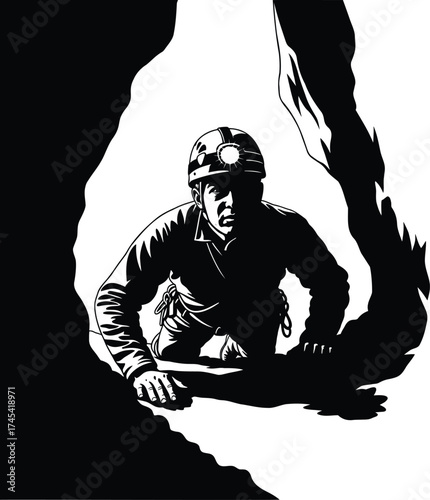 Spelunker Crawling Through Narrow Cave Passage Silhouette Vector – Helmet Headlamp Adventure Illustration