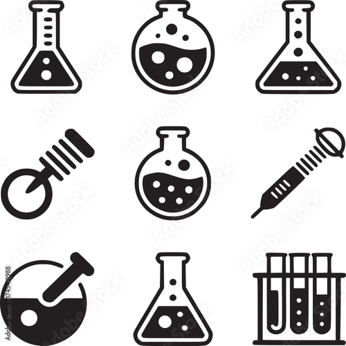 A collection of nine black and white science lab icons featuring beakers flasks and test tubes in a grid