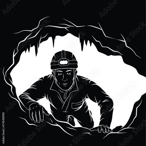 Caver with Helmet and Headlamp Silhouette Vector – Spelunker Crawling into Cave Entrance, Adventure Illustration