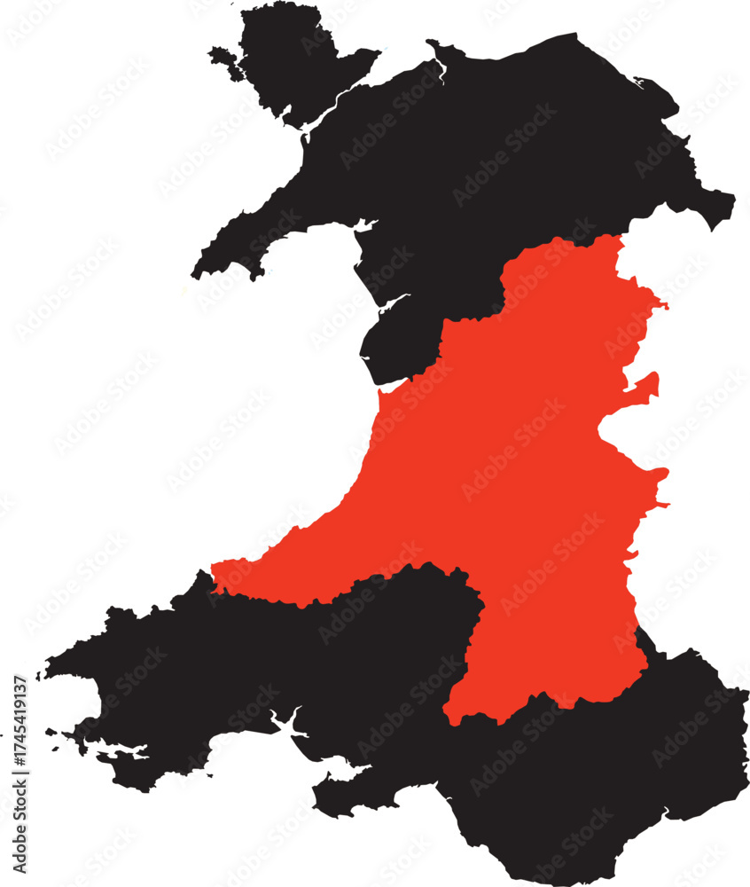 Fototapeta premium Mid Wales Region Highlighted on Silhouette Map of Wales