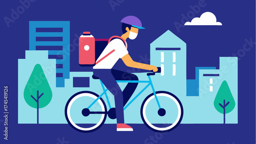 A delivery person on a bike navigating through an urban landscape with a backpack filled with food highlighted by the apps navigation system on their phone.