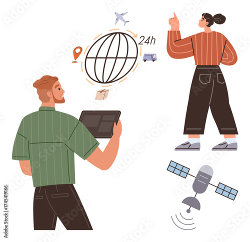 Two people interacting with global logistics icons, including a globe, transport, satellite, and tablet. Ideal for technology, logistics, innovation, globalization networking communication