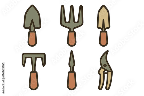 Stylized icons representing essential hand tools for gardening and horticulture