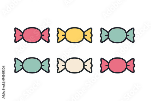 Collection of six colorful wrapped candies in flat graphic style on white background